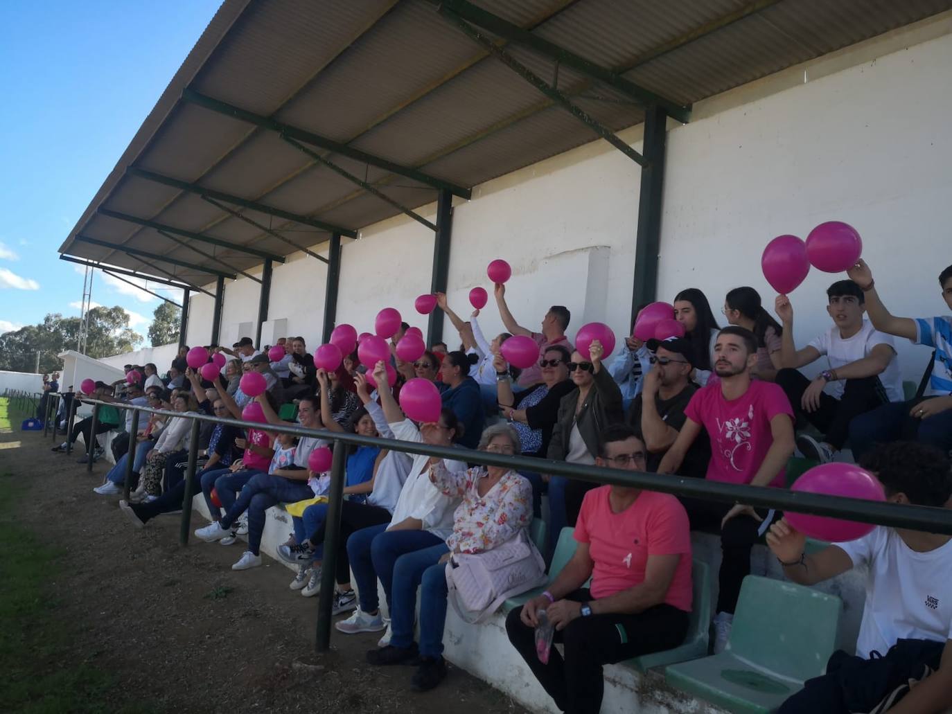 Imagen secundaria 1 - Arriba, equipo arbitral y capitanes del Alconchel y La Albuera. Abajo, el público colaboró con sus aportaciones en favor de la lucha contra el cáncer de mama. 
