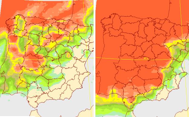 Probabilidad de precipitación superior a 2 litros por metro cuadrado previstos para este lunes (izquierda) y martes (derecha). El color más anaranjado indica que la probabilidad es del 100%. 