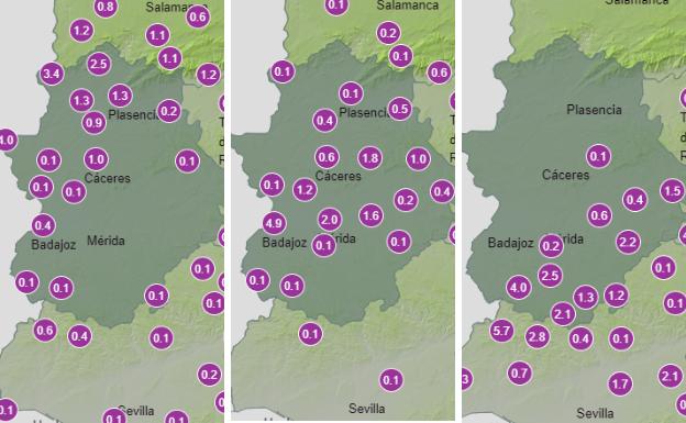 Previsión de la Aemet de la precipitacioón acumulada a las 13.00, a las 16.00 y a las 20.00 horas.