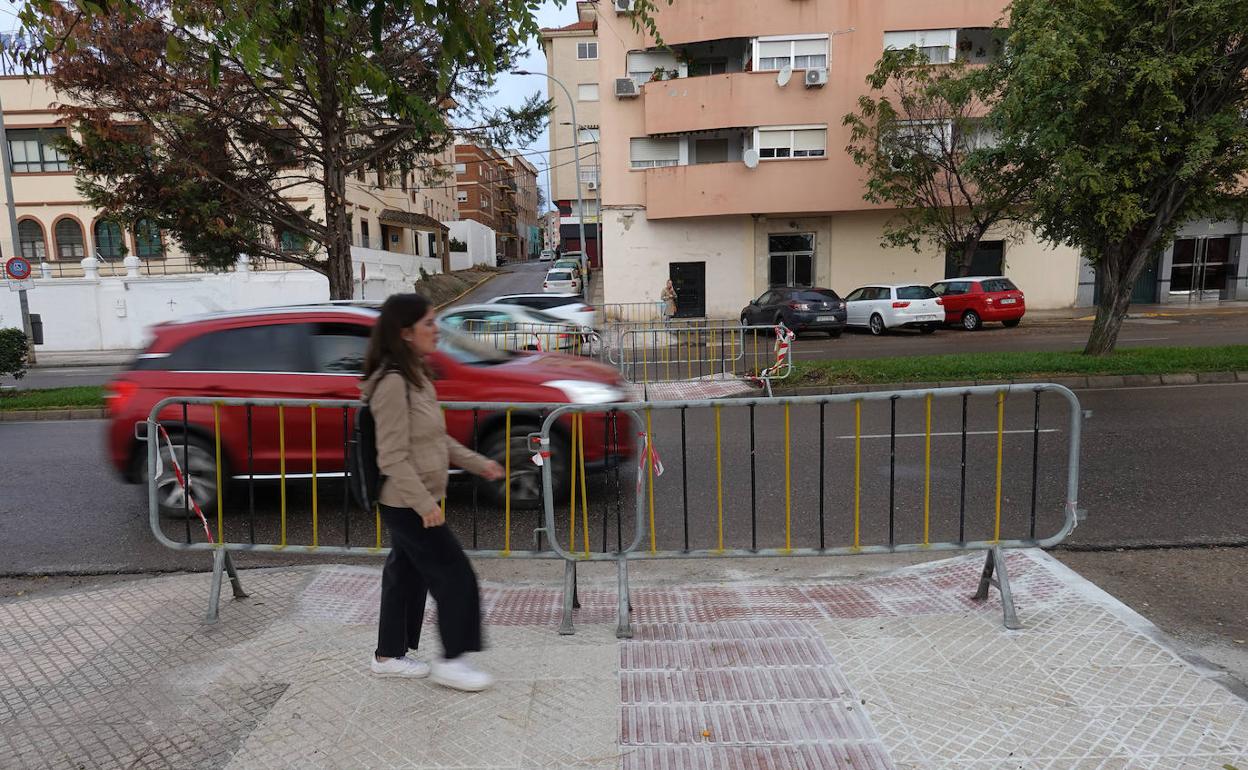 Vallas que señalan el rebaje de aceras y un paso de peatones en la avenida de Adolfo Díaz Ambrona. 
