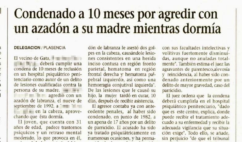Noticia del año 1994, de la condena por la agresión a la madre al salir de la cárcel.