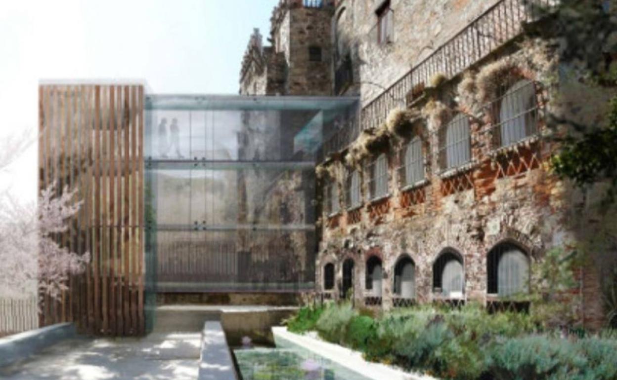 Escalera exterior instalada en el jardín del Museo de Cáceres. 