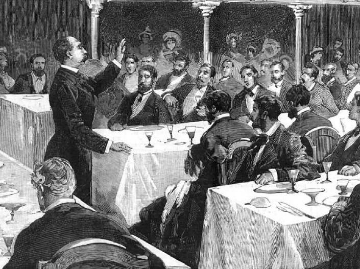 Moret dando un discurso en 1881. Ese año dio varios en Cáceres.