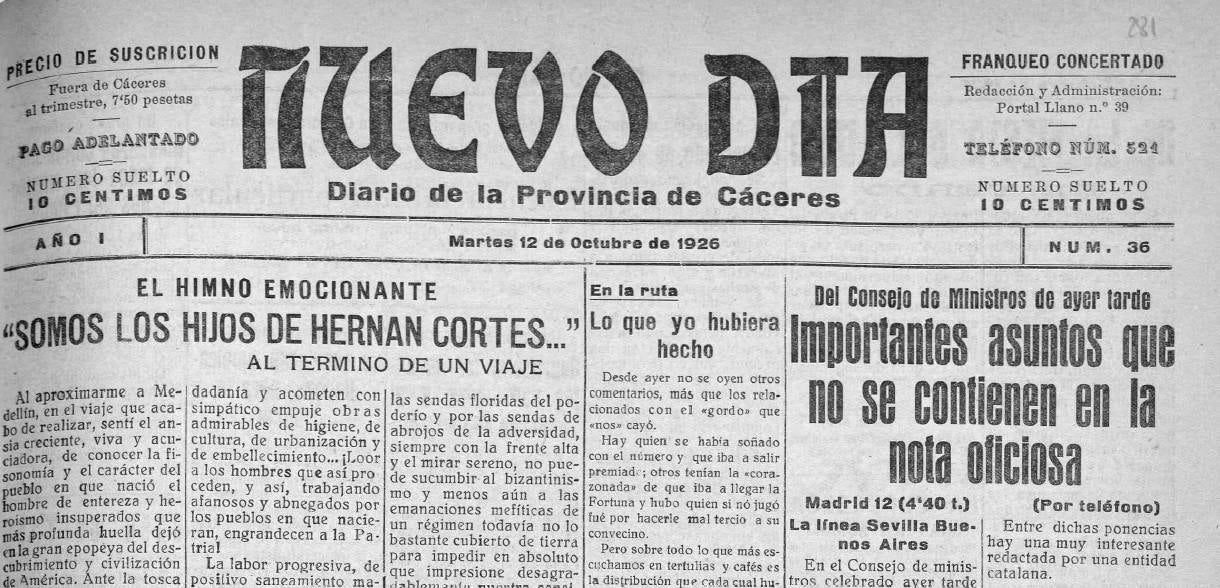 Noticia publicada en el periódico ‘Nuevo Día’ el 12 de octubre de 1926, del accidente de Sadí de Buen al chocar su coche contra un árbol de la Plaza Mayor de Cáceres.