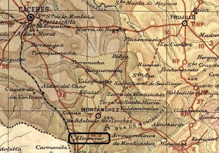 Mapa de la provincia de Cáceres de los años 30. Alcuéscar está señalado con un recuadro.