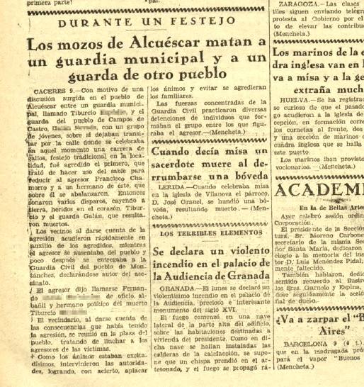 Noticia del suceso en un periódico de la época.