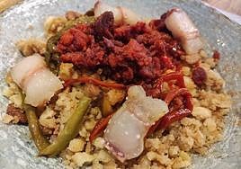 Migas con torrezno y prueba.