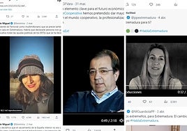Pantallazos de los vídeos subidos a Twitter en marzo por De Miguel (Unidas por Extremadura), Vara (PSOE) y Guardiola (PP)