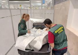 Dos agentes de la Guardia Civil registran las bolsas con angulas de dos maletas en el aeropuerto de Sevilla.