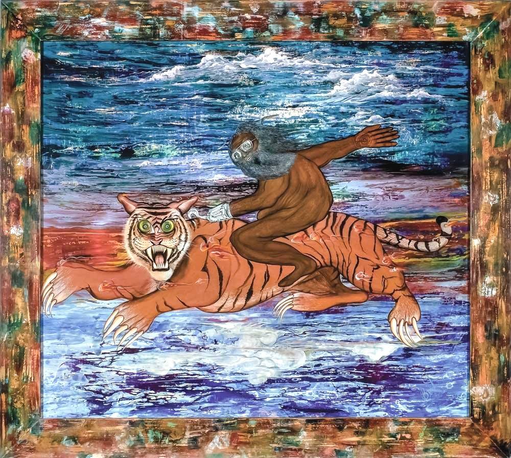 Autorretrato del pintor que vivió 12 años en Berzocana, montando un tigre de Bengala.