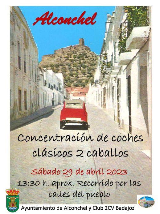 Cartel elaborado desde Alconchel con un 2CV antiguo en la calle Corredera.
