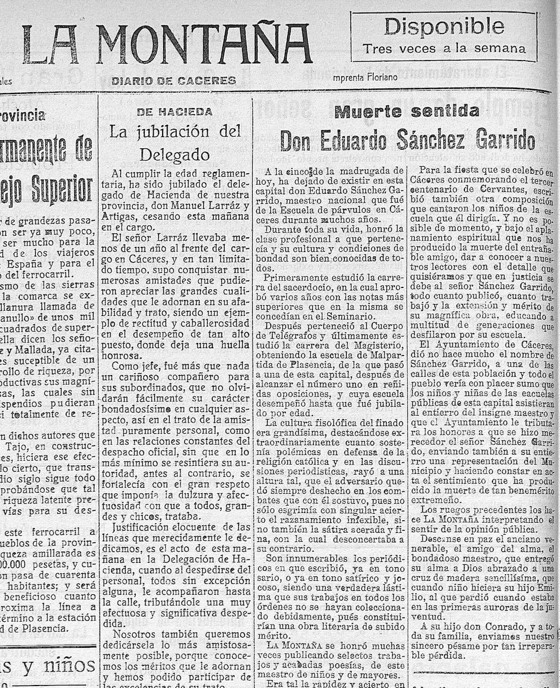 Publicación de 'La Montaña. Diario de Cáceres', del 14 de mayo de 1925, con la noticia de la muerte de Eduardo Sánchez Garrido.