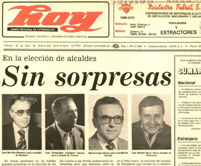 Portada del Diario HOY del 20 de abril de 1979, con los alcaldes de Badajoz, Cáceres, Mérida y Plasencia. Todos eran de UCD, salvo el de Mérida que era socialista.