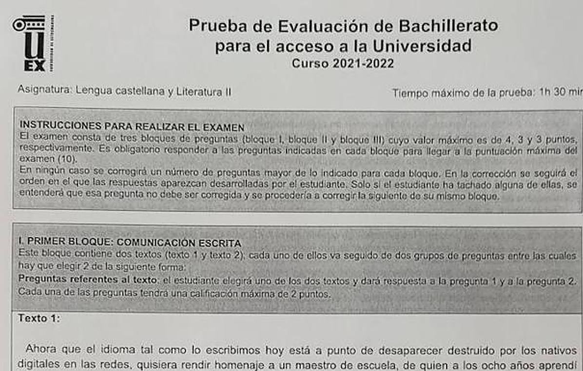 Examen de Lengua castellana y Literatura en el curso 2021-2022.