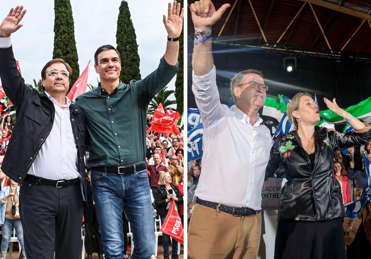 A la izquierda, Guillermo Fernández Vara y Pedro Sánchez en el mitin de Badajoz. Alberto Núñez Feijóo y María Guardiola en el acto de Cáceres.