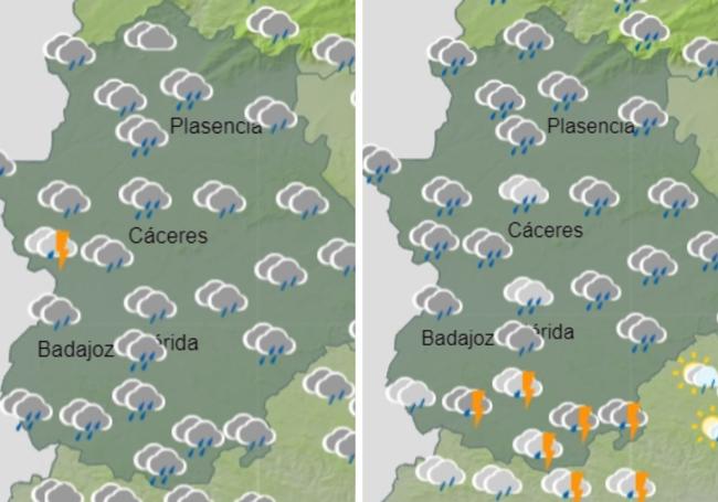 Previsión de lluvia y tormenta para el sábado (izquierda) y domingo (derecha).