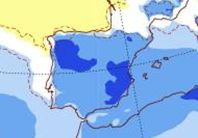 Anomalía de precipitaciones previstas para la semana que viene, cuando se prevén chubascos generalizados por toda la Península.