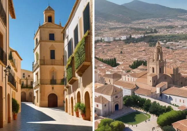 A la izquierda imagen generada por la IA sobre el pueblo más bonito de cÁCERES; y a la derecha, también de la IA, una imagen de Trujillo.