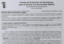 Parte del examen de Lengua y Literatura de la EBAU en Extremadura.
