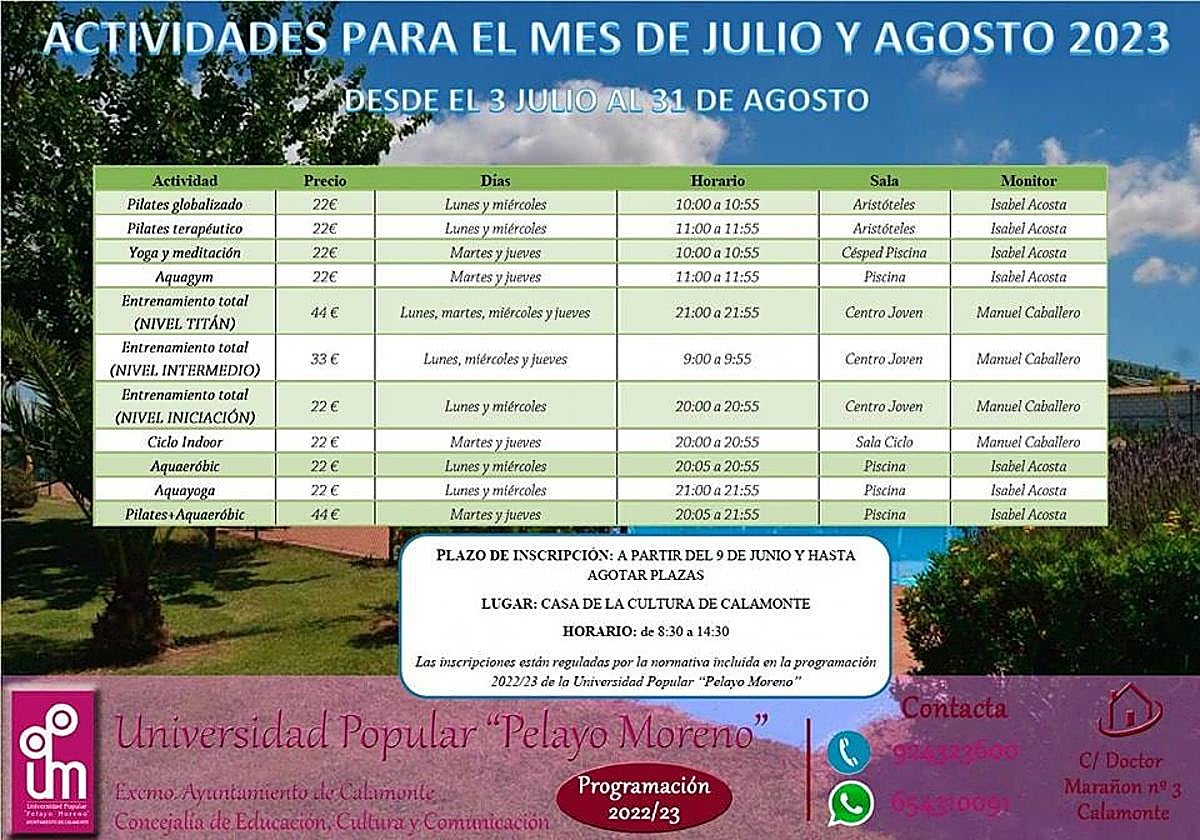 La UP Pelayo Moreno informa sobre la oferta deportiva para julio y agosto