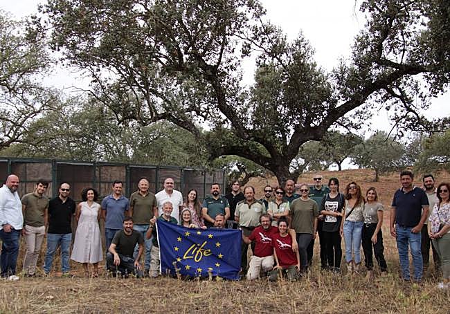 Representación de las entidades que participan en el LIFE Eurokite durante la introducción de las aves en las instalaciones de aclimatación de Valencia del Mombuey.