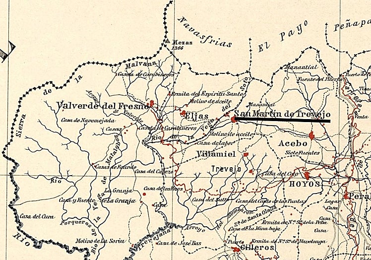San Martín de Trevejo (subrayado) en un mapa de 1897 a 1902.