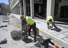 Trabajadores de la construcción, , en Badajoz.