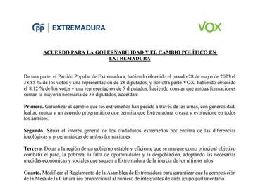 Este es el acuerdo entre PP y Vox para gobernar Extremadura