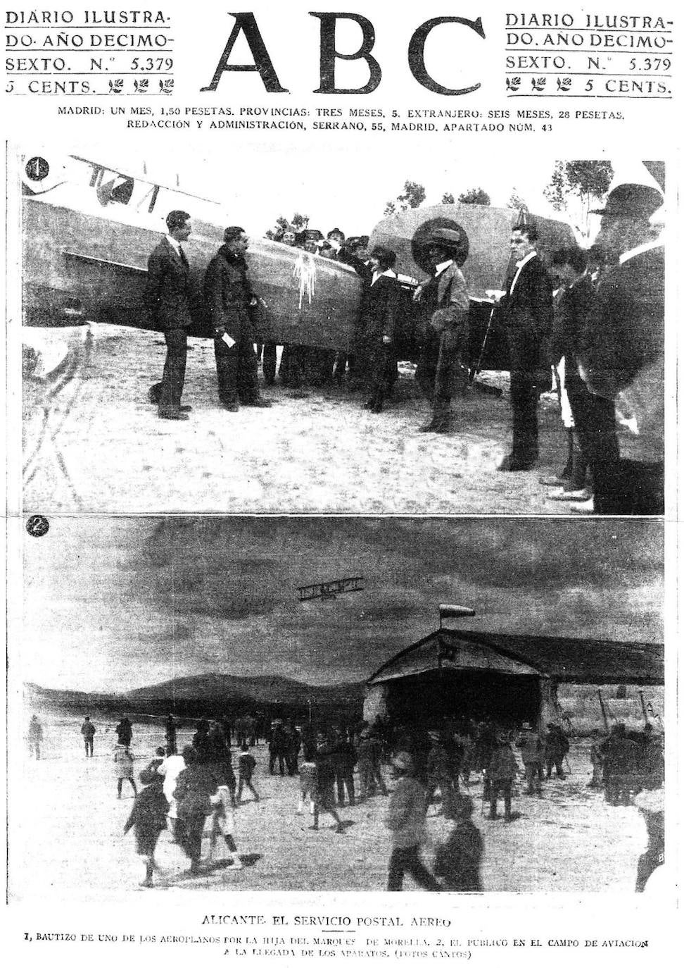 Portada de ABC del 4 de abril de 1920, con Eladia Montesino bautizando, en Alicante, el servicio postal aéreo Madrid-Alicante-Málaga. Era la primera linea aérea postal de España.