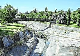 Imagen del arroyo con la vegetación arrancada y amontonada lista para ser retirada.