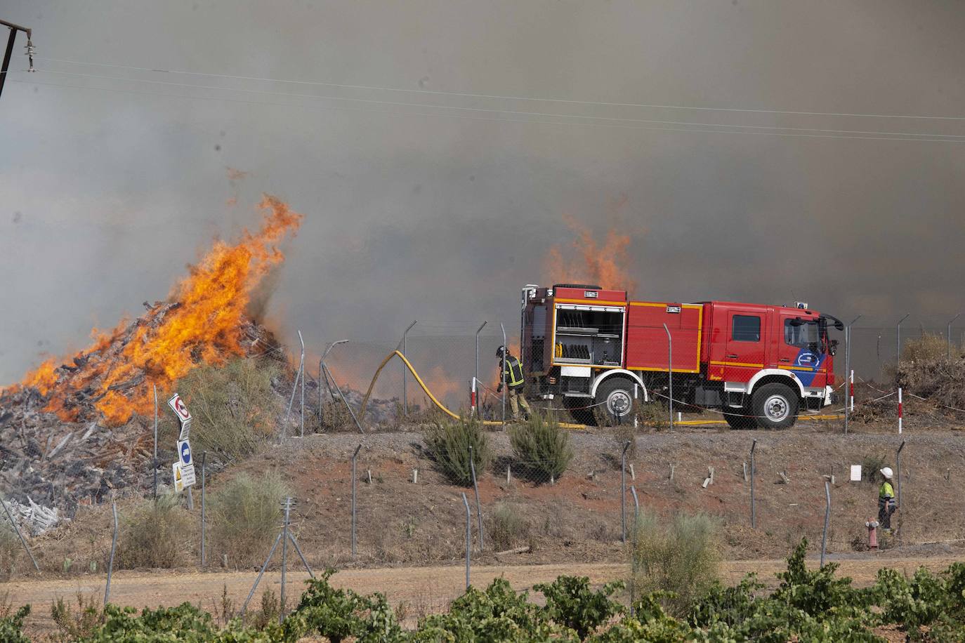 Así luchan los bomberos contra las llamas en la planta de Biomasa de Mérida (II)