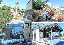 Una chabola, escombros y el quiosco quemado en el parque de la Viña.