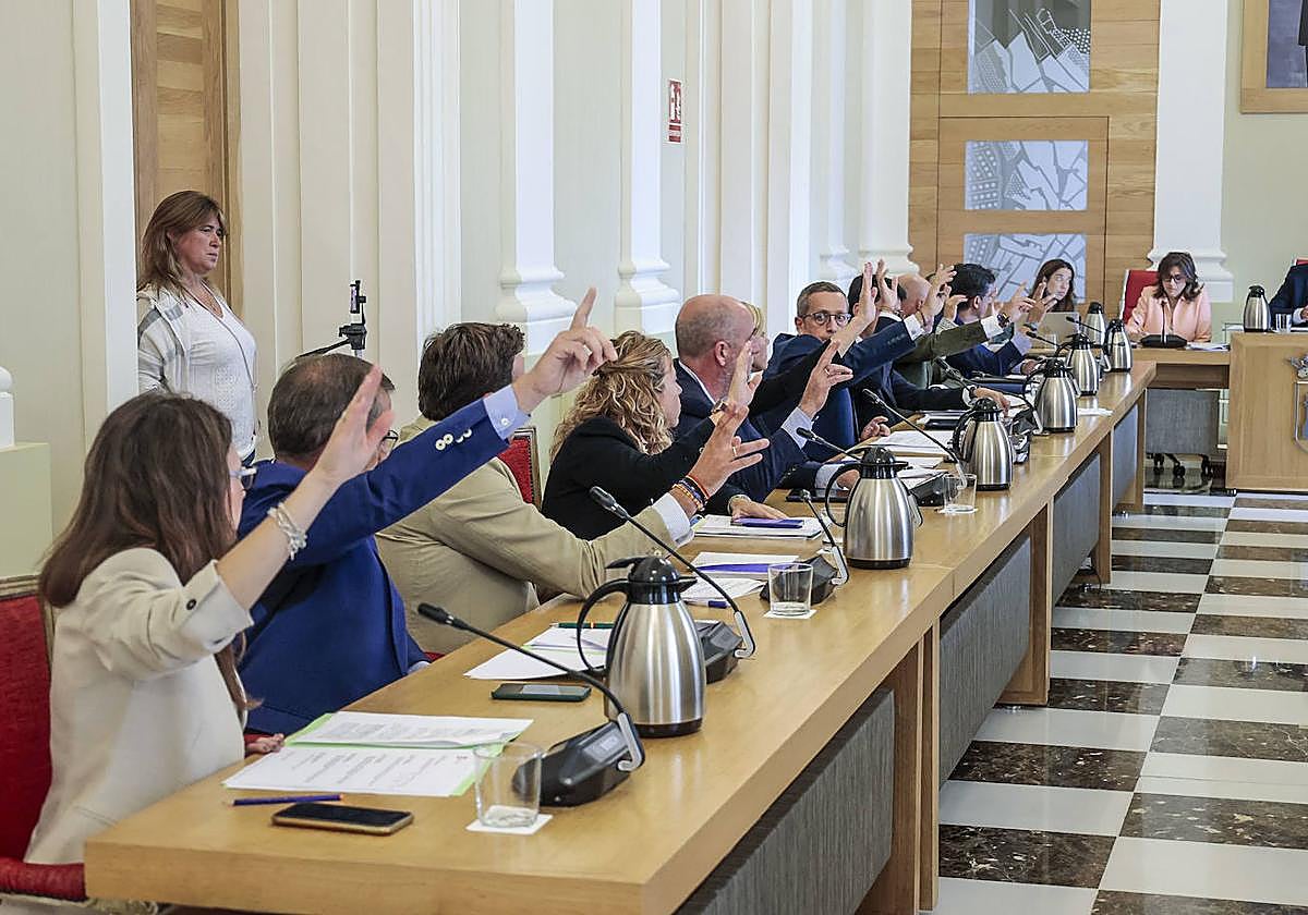 La bancada popular y los dos ediles de Vox en la votación de la moción.