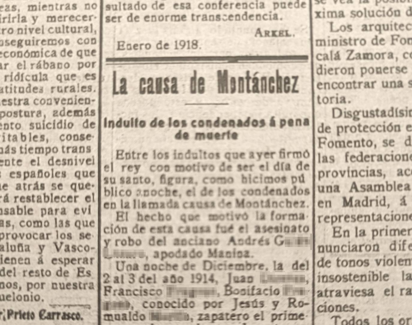 El 24 de enero de 1918 el diario ‘El Noticiero’ publicó la concensión del indulto por parte del rey Alfonso XIII.