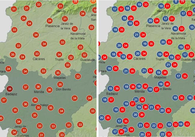 Temperaturas previstas para este viernes (izquierda) y sábado (derecha) en Extremadura.