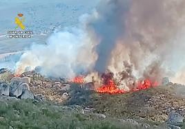 Llamas en una zona rocosa de Valencia de Alcántara, durante el incendio de agosto.