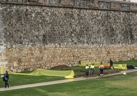 Los operarios, ayer, trabajan junto a la muralla del corredor verde.