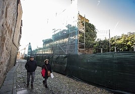 Andamios colocados en la muralla para las obras de la segunda fase el pasado mes de enero.