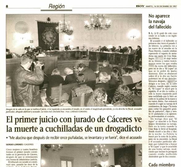 Noticia del Diario HOY del primer juicio con jurado en Cáceres con la Democracia