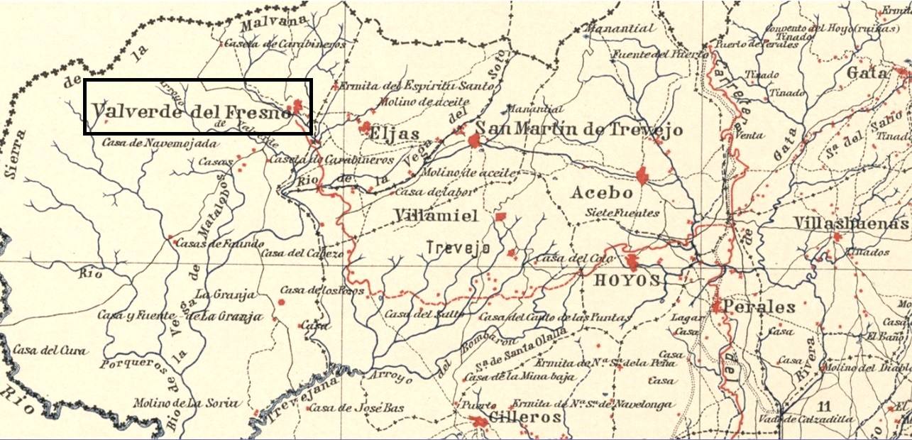 Valverde del Fresno señalado en un mapa realizado entre 1897 y 1902, en la época del crimen.