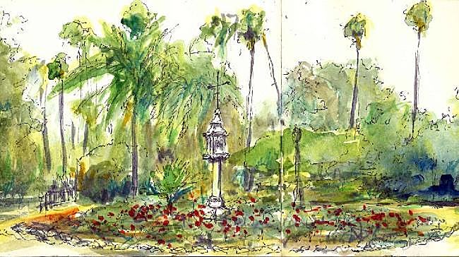 Imagen antes - A la izquierda, dibujo de José Manuel Gamero en el parque de Castelar, a la derecha, foto del parque de Castelar.