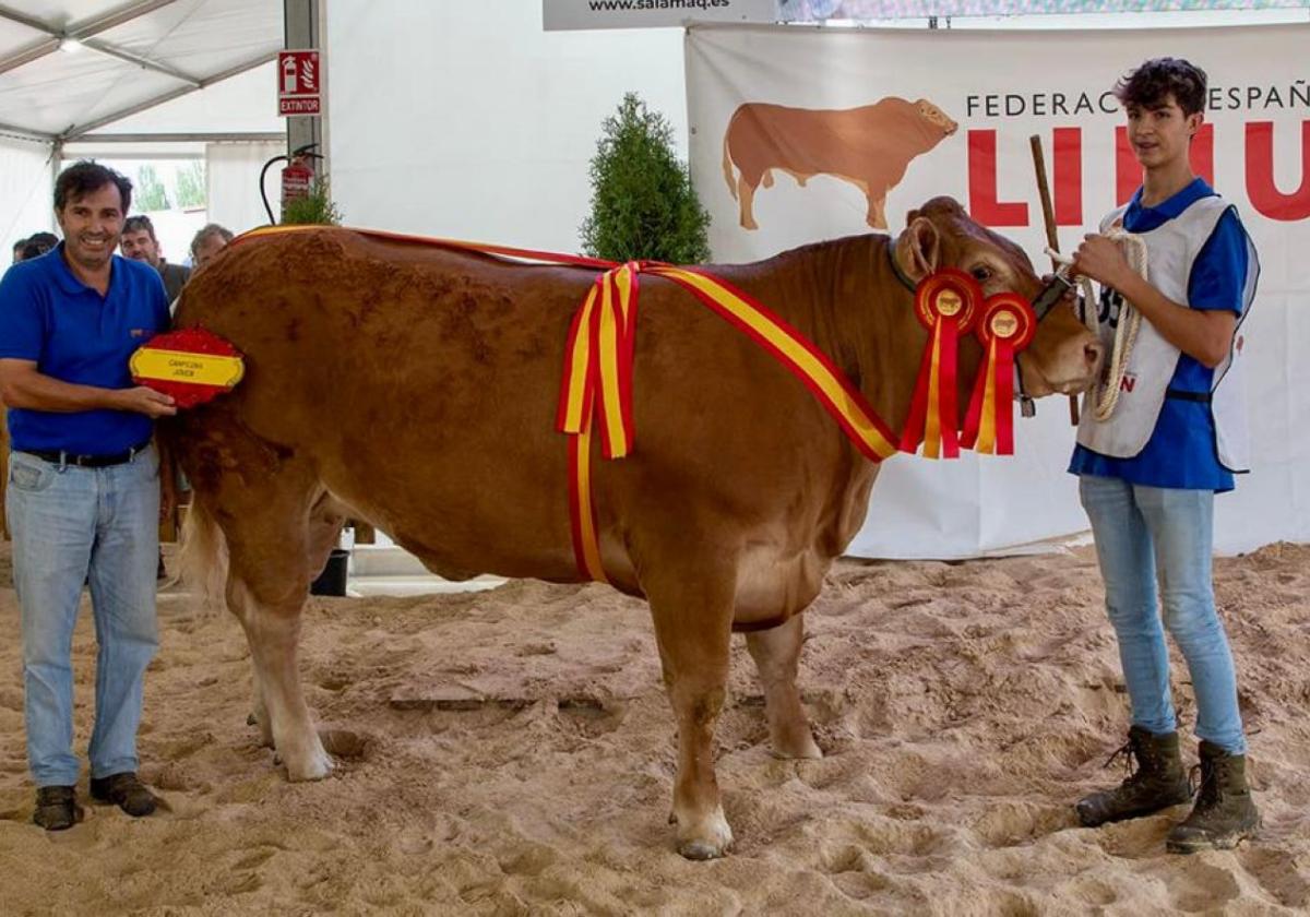 Julio Ruano y su hijo Alejandro con uno de los animales premiados en Salamanca .