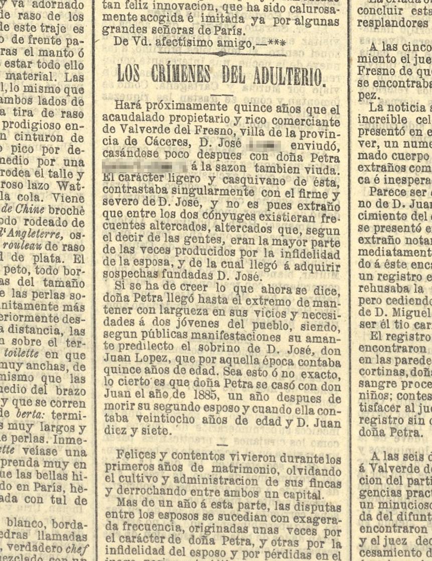 Noticia en ‘El Correo’ del asesinato cometido en 1892.