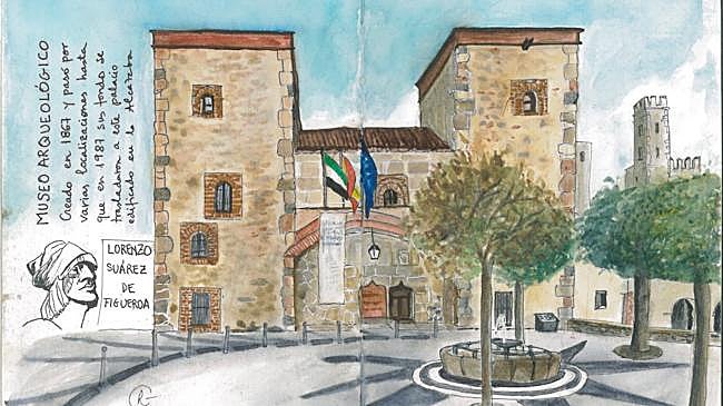 Imagen antes - A la izquierda, dibujo de Carmen Rojas del Museo Arquelógico; a la derecha foto de la fachada del Museo Arqueológico.