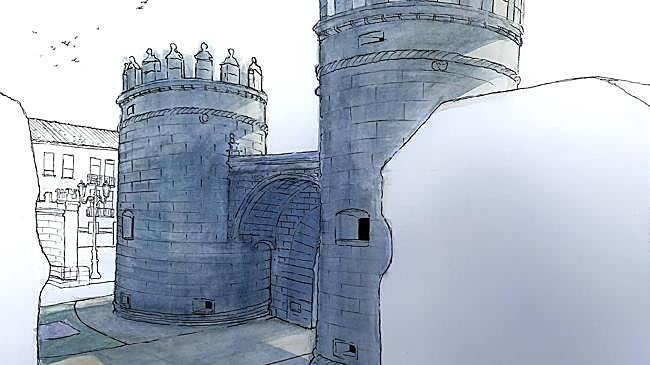Imagen antes - A la izquierda, dibujo de Puerta Palmas de Mario Suárez; a la derecha el monumento.