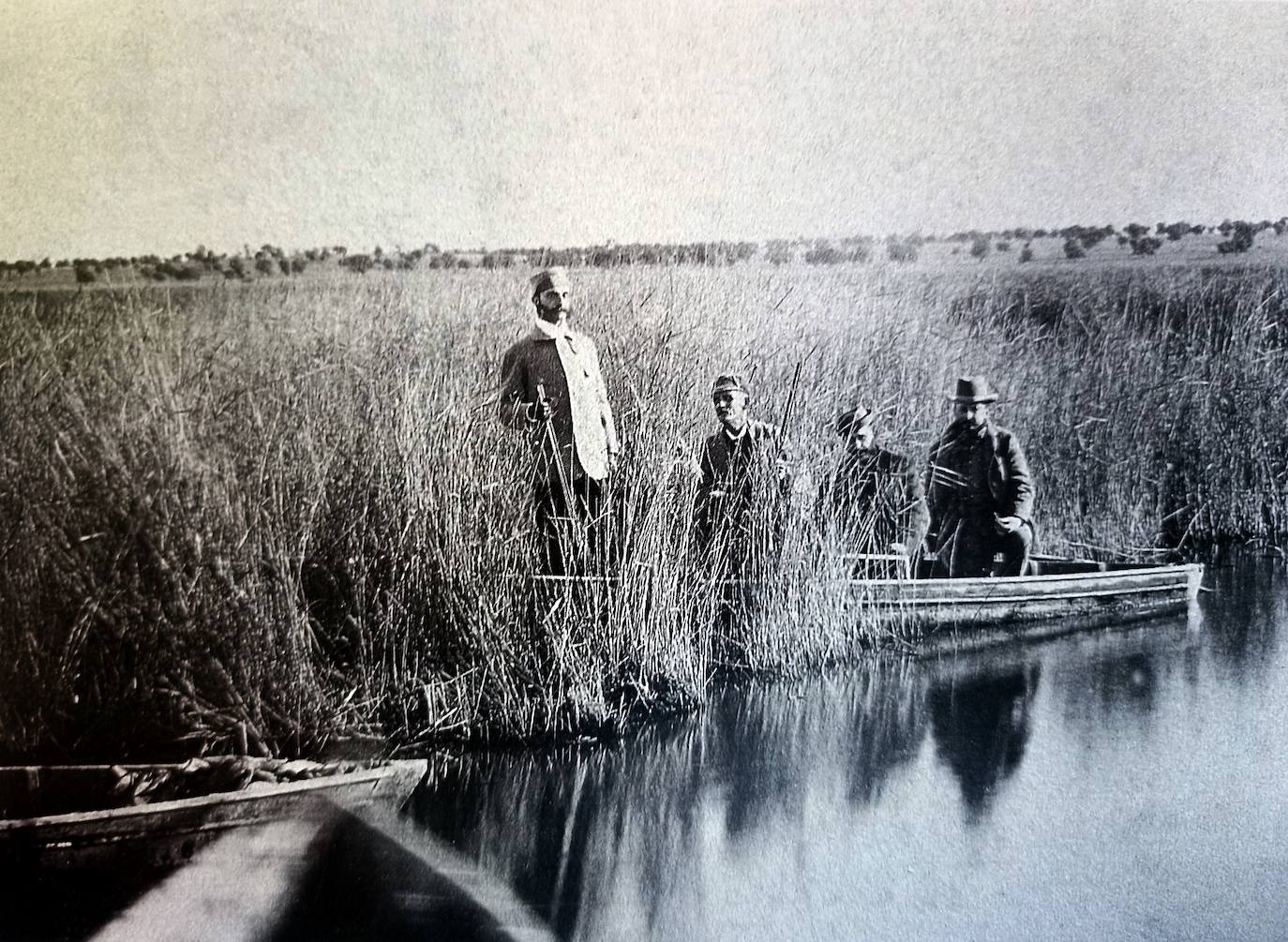 Año 1883. Alfonso XII cazando patos en Coria. 