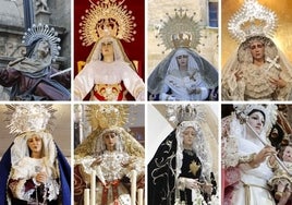 De izquierda a derecha, en el sentido de las agujas del reloj, imagen de la Dolorosa de la Cruz (Vera Cruz), Virgen de la Encarnación (Humilladero), de Gracia y Esperanza (Expiración), de la Pureza (Despojado), del Rosario (Victoria), del Sagrario (Sagrada Cena), de la Soledad y del Rosario (que sacarán los Estudiantes). HOY