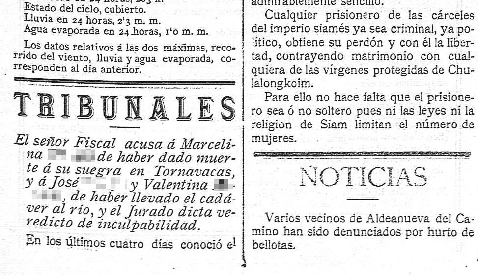 Noticia publicada en noviembre de 1907, del juicio de la acusada de matar a su suegra en Tornavacas.