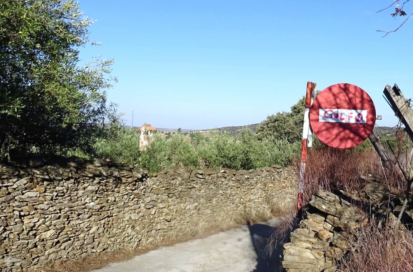 Peculiar pintada en una señal de tráfico que hay en el camino.