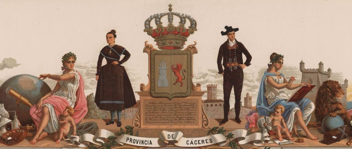 El escudo y trajes típicos de la provincia de Cáceres.